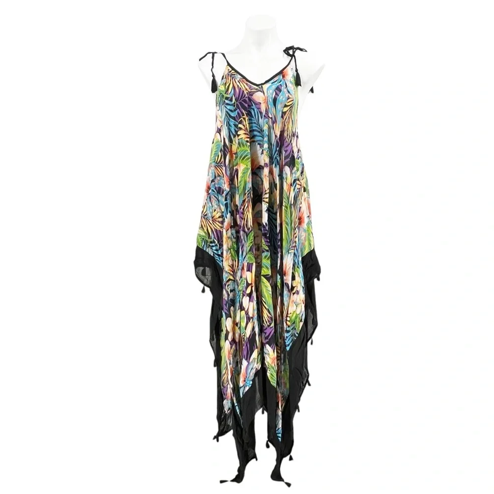 Vince Camuto Tropical Palm Handkerchief Hem Tassel Cover Up Dress One Size - Picture 3 of 9